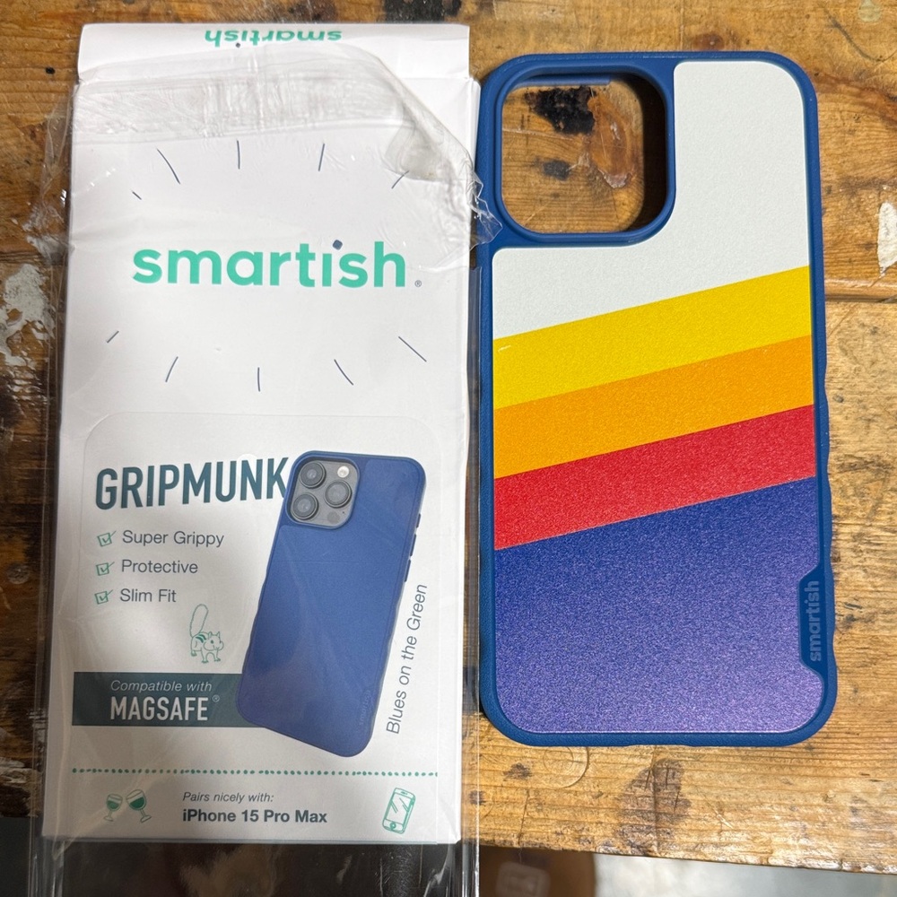 Smartish Gripmunk iPhone 15 Pro Max Case - Blue with Colorful Stripes (NWT)